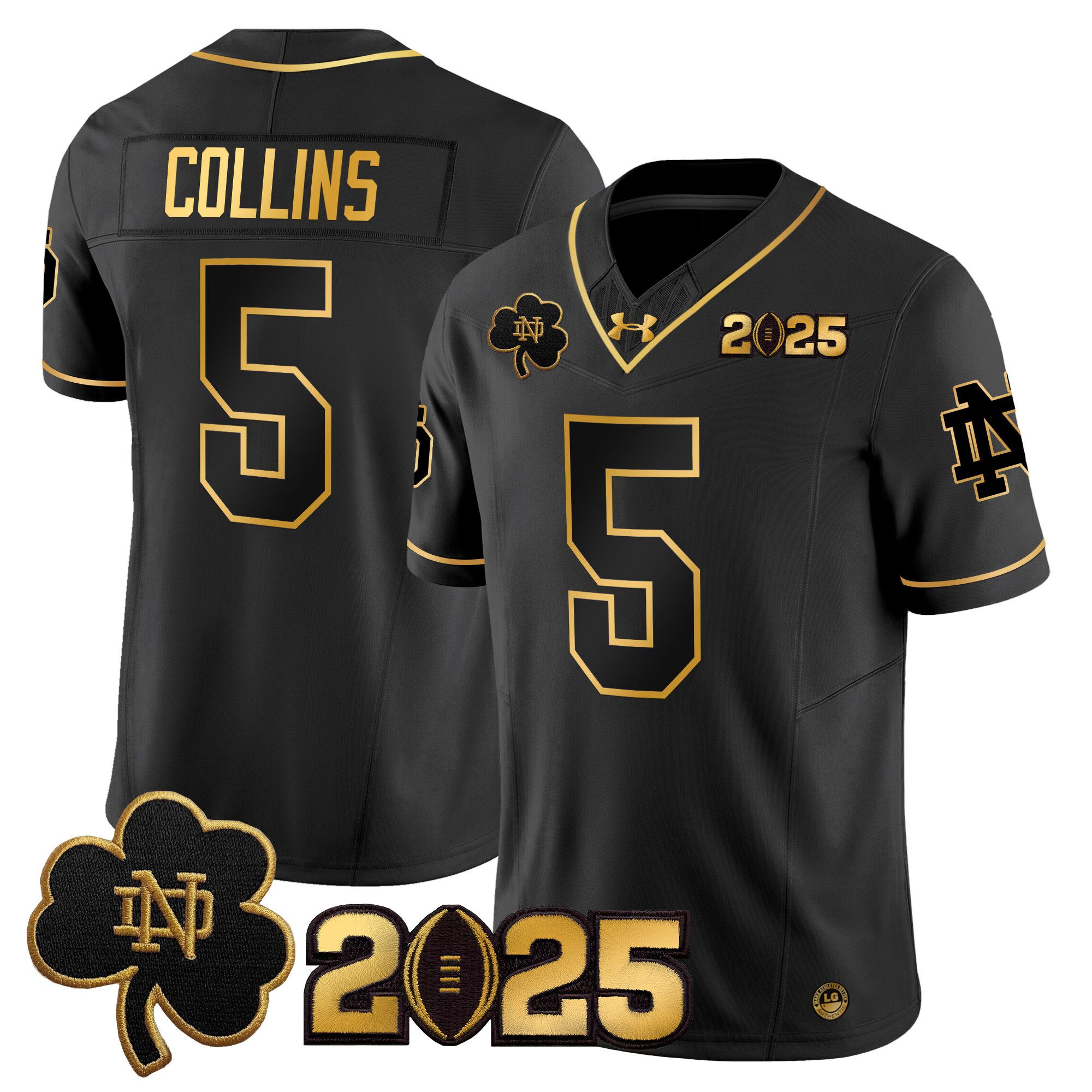 Men Notre Dame Fighting Irish 5 Collins Black 2025 CFP Final Patch Gold Vapor Limited NCAA Jersey style 1